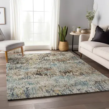 8' X 10' Midnight Ivory And Beige Abstract Washable Indoor Outdoor Area Rug