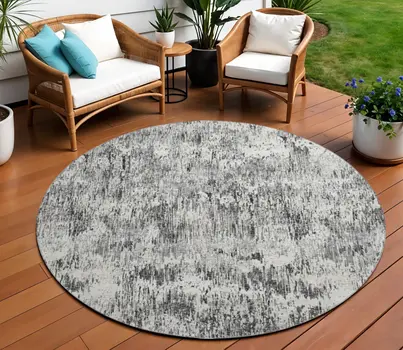 8' Gray Brown And Ivory Round Abstract Washable Indoor Outdoor Area Rug