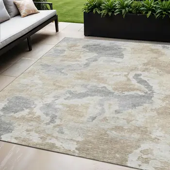5' X 8' Beige Charcoal And Gray Abstract Washable Indoor Outdoor Area Rug