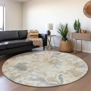 8' Beige Charcoal And Gray Round Abstract Washable Indoor Outdoor Area Rug
