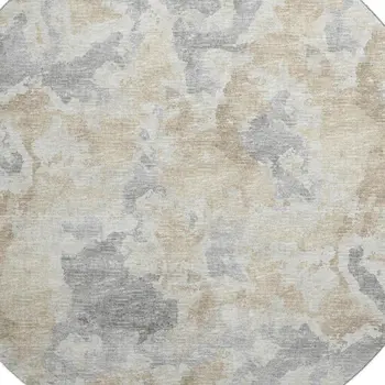 8' Beige Charcoal And Gray Round Abstract Washable Indoor Outdoor Area Rug