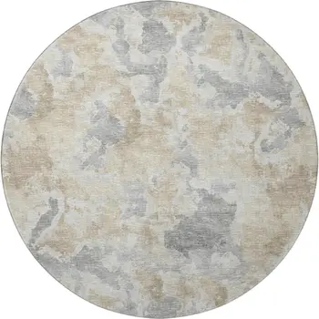 8' Beige Charcoal And Gray Round Abstract Washable Indoor Outdoor Area Rug