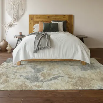 8' X 10' Beige Charcoal And Gray Abstract Washable Indoor Outdoor Area Rug