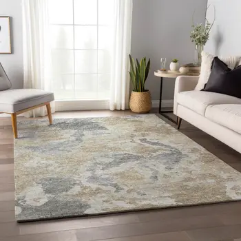 10' X 14' Beige Charcoal And Gray Abstract Washable Indoor Outdoor Area Rug