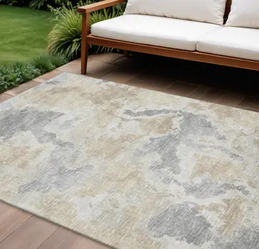 10' X 14' Beige Charcoal And Gray Abstract Washable Indoor Outdoor Area Rug