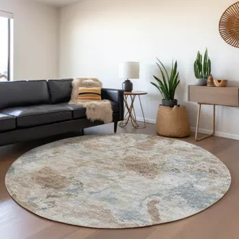 8' Midnight Ivory And Coffee Round Abstract Washable Indoor Outdoor Area Rug
