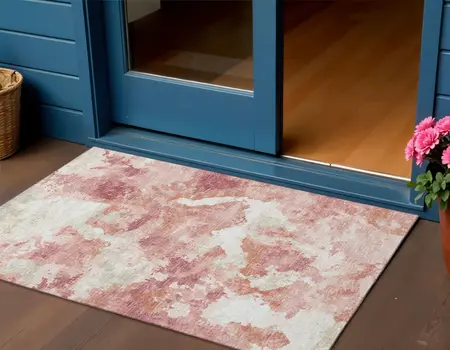 3' X 5' Pink And Ivory Abstract Washable Indoor Outdoor Area Rug