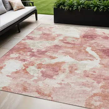 5' X 8' Pink And Ivory Abstract Washable Indoor Outdoor Area Rug