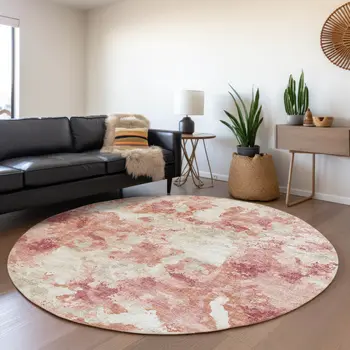 8' Pink And Ivory Round Abstract Washable Indoor Outdoor Area Rug