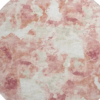 8' Pink And Ivory Round Abstract Washable Indoor Outdoor Area Rug