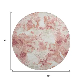 8' Pink And Ivory Round Abstract Washable Indoor Outdoor Area Rug