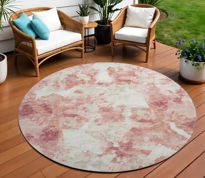 8' Pink And Ivory Round Abstract Washable Indoor Outdoor Area Rug