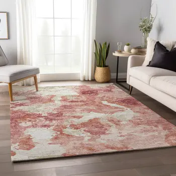 8' X 10' Pink And Ivory Abstract Washable Indoor Outdoor Area Rug