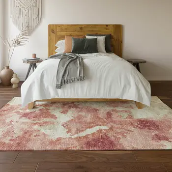 8' X 10' Pink And Ivory Abstract Washable Indoor Outdoor Area Rug