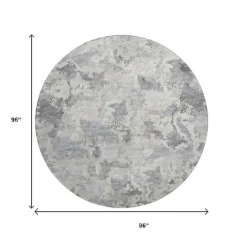8' Gray And Ivory Round Abstract Washable Indoor Outdoor Area Rug