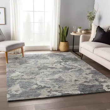 9' X 12' Gray And Ivory Abstract Washable Indoor Outdoor Area Rug