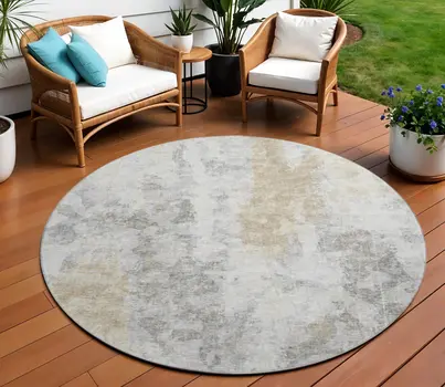 8' Midnight Ivory And Beige Round Abstract Washable Indoor Outdoor Area Rug