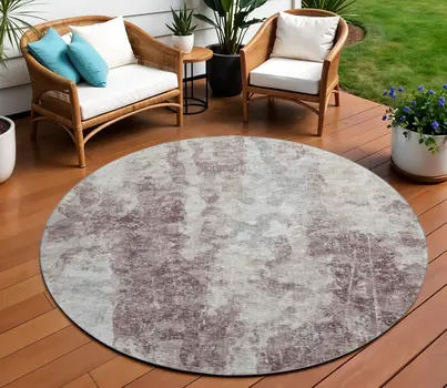 8' Plum And Ivory Round Abstract Washable Indoor Outdoor Area Rug