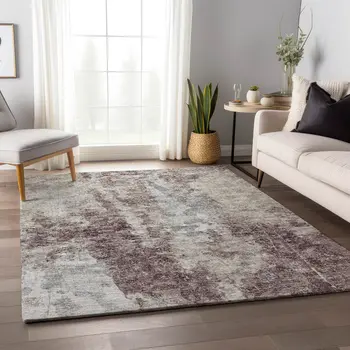 8' X 10' Plum And Ivory Abstract Washable Indoor Outdoor Area Rug