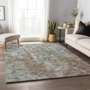 5' X 8' Ivory Blue And Gold Abstract Washable Indoor Outdoor Area Rug