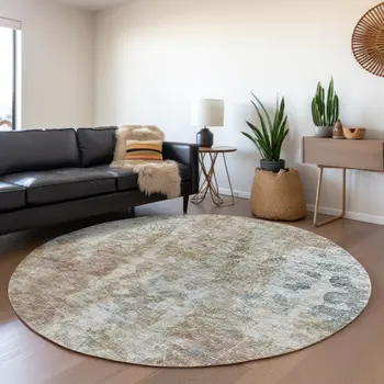 8' Ivory Blue And Gold Round Abstract Washable Indoor Outdoor Area Rug