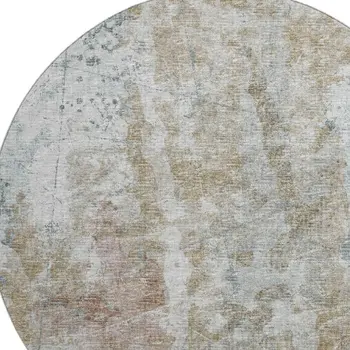 8' Ivory Blue And Gold Round Abstract Washable Indoor Outdoor Area Rug
