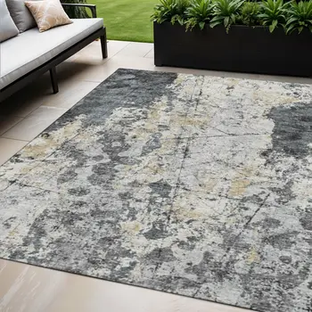 5' X 8' Black Ivory And Gold Abstract Washable Indoor Outdoor Area Rug