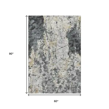 5' X 8' Black Ivory And Gold Abstract Washable Indoor Outdoor Area Rug