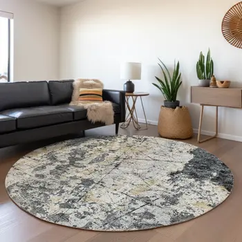 8' Black Ivory And Gold Round Abstract Washable Indoor Outdoor Area Rug