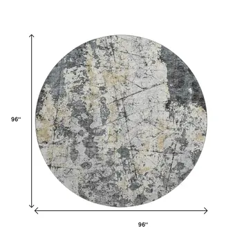 8' Black Ivory And Gold Round Abstract Washable Indoor Outdoor Area Rug