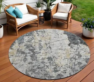 8' Black Ivory And Gold Round Abstract Washable Indoor Outdoor Area Rug