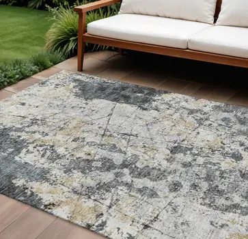 8' X 10' Black Ivory And Gold Abstract Washable Indoor Outdoor Area Rug