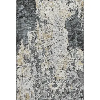 8' X 10' Black Ivory And Gold Abstract Washable Indoor Outdoor Area Rug