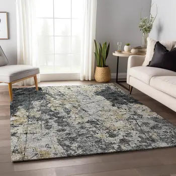 9' X 12' Black Ivory And Gold Abstract Washable Indoor Outdoor Area Rug