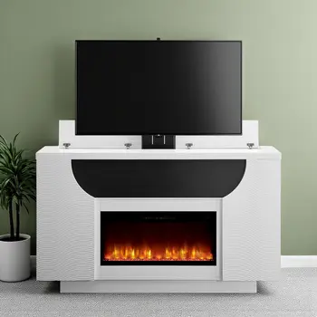 76" White Ribbed Wood Electric Storage Cabinet TV Fireplace With LED And Speaker