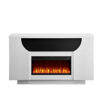 76" White Ribbed Wood Electric Storage Cabinet TV Fireplace With LED And Speaker