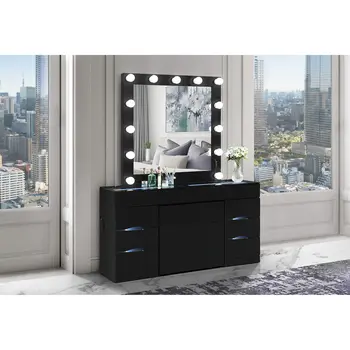 62" Black Wood And Glass Six Drawer Vanity Table With Mirror Seating And Lights