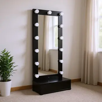 74" Black Wood Lighted Freestanding Framed Full Length Mirror