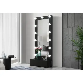 74" Black Wood Lighted Freestanding Framed Full Length Mirror
