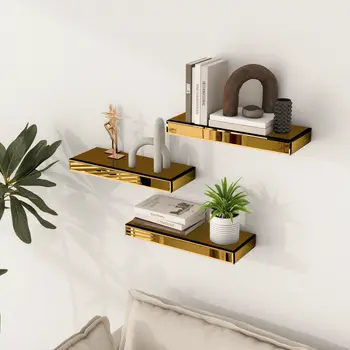 Set Of Three Gold Glass Wall Mounted Floating Shelf