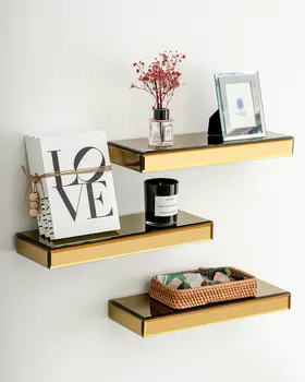 Set Of Three Gold Glass Wall Mounted Floating Shelf
