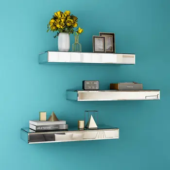 Set Of Three Silver Glass Wall Mounted Floating Shelf