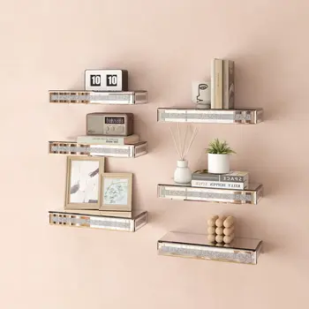 Set Of Six Silver Glass Wall Mounted Floating Shelf