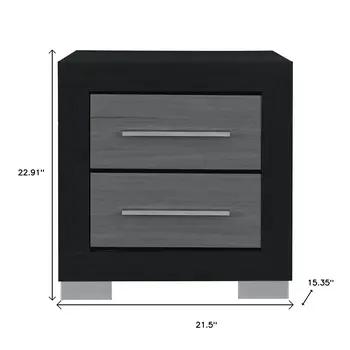 23" Black And Gray Wood Square Two Drawer Nightstand