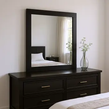35" Black Wood Square Mounted Framed Dresser Mirror