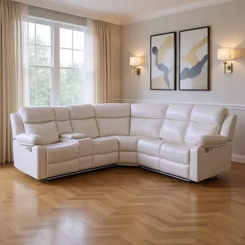 Off White Faux Leather Reclining Curved Six Piece Sectional With LED And Console