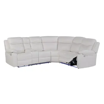 Off White Faux Leather Reclining Curved Six Piece Sectional With LED And Console