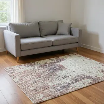 5' X 8' Pink Ivory And Gray Abstract Washable Area Rug With UV Protection