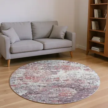 8' Pink Ivory And Gray Abstract Washable Round Rug With UV Protection