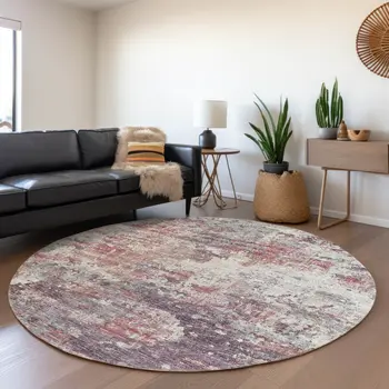 8' Pink Ivory And Gray Abstract Washable Round Rug With UV Protection
